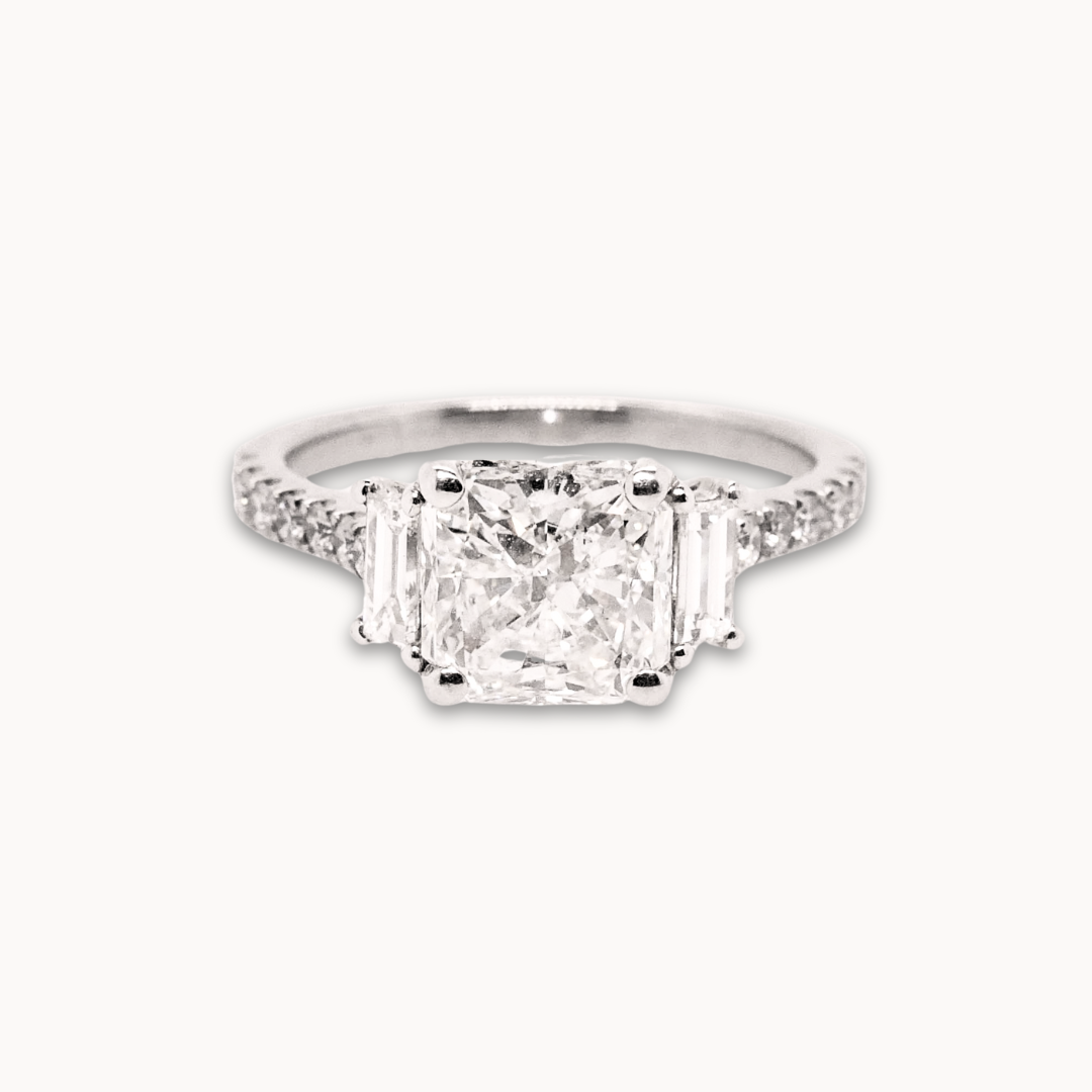 Radiant and Baguette Diamond Trilogy Engagement Ring