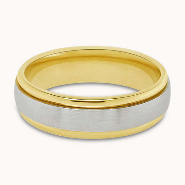 Mens Two-tone Brushed Metal Court Ring with Gold Edges