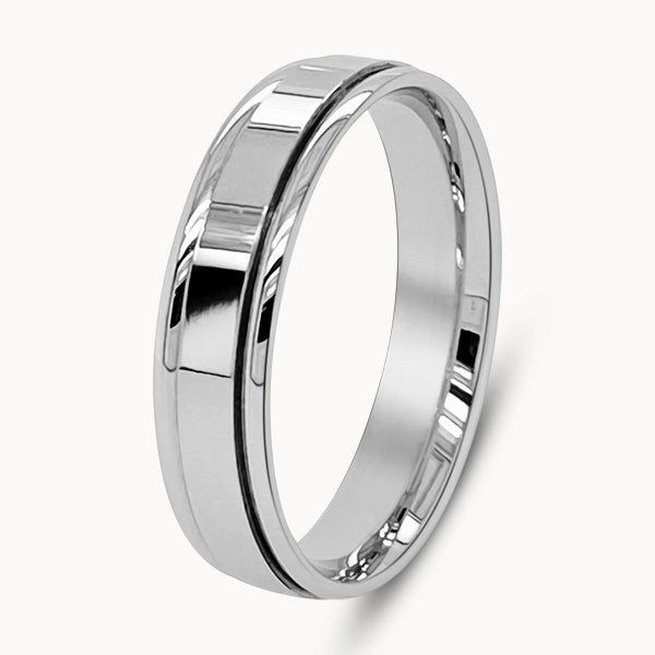 Mens Polished Flat Court Ring with Grooved Edges