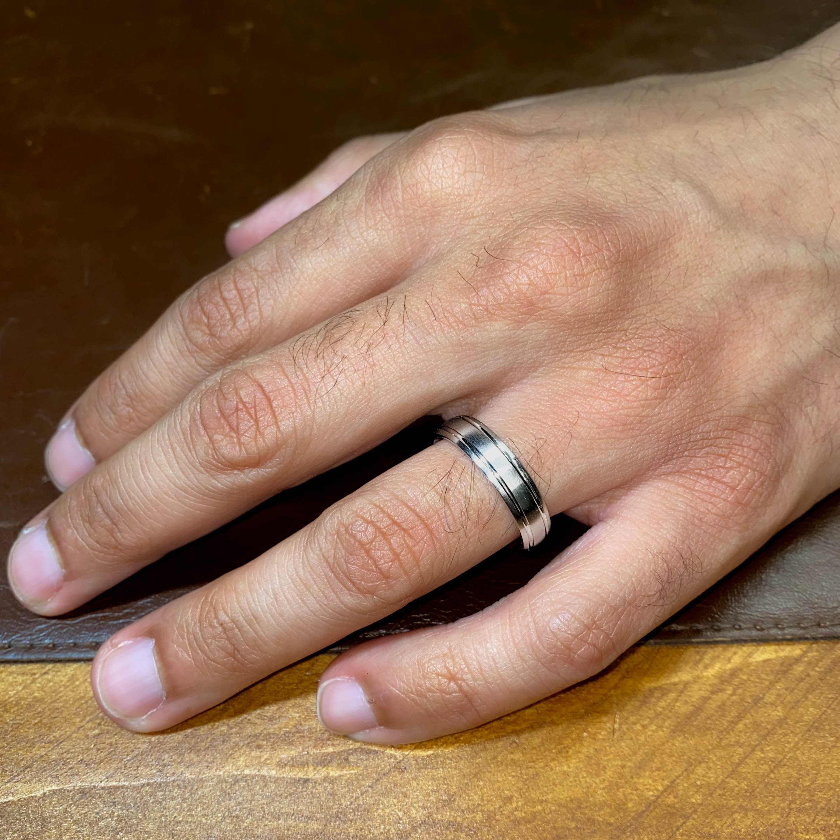 Mens Brushed Metal Court Ring with Grooved Edges