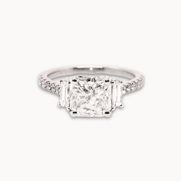 Radiant and Baguette Diamond Trilogy Engagement Ring