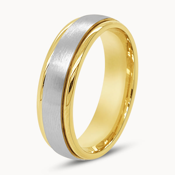 Mens Two-tone Brushed Metal Court Ring with Gold Edges