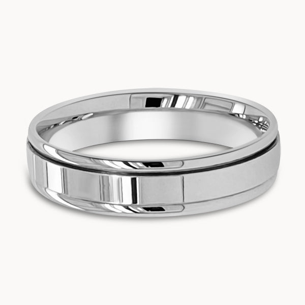 Mens Polished Flat Court Ring with Grooved Edges