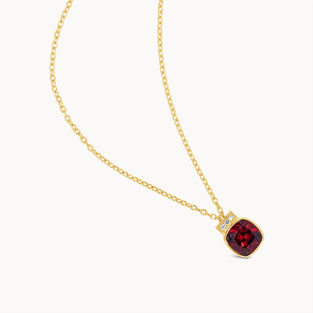 Garnet Cushion Cut Necklace - Yellow Gold