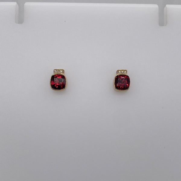 Garnet Cushion Cut Studs - Yellow Gold