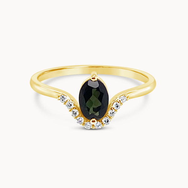 Oval Black Diamond Curve Ring - Yellow Gold