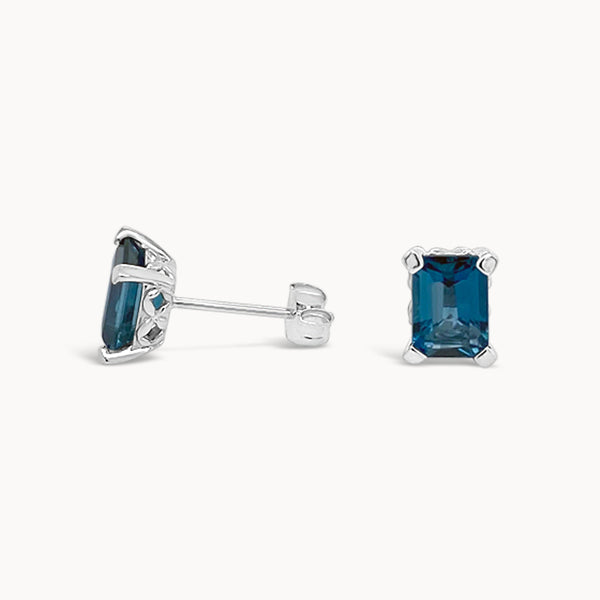 Blue Topaz Emerald Cut Studs - White Gold