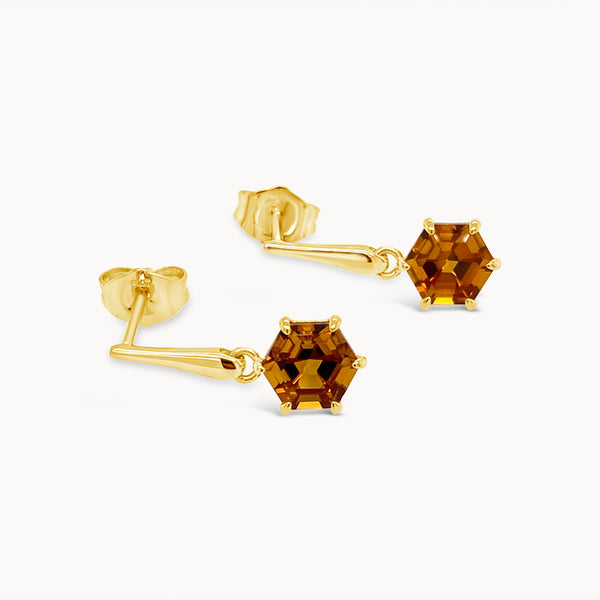 Citrine Hexagon Drop Earrings - Yellow Gold