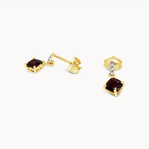 Garnet & Diamond Drop Earrings - Yellow Gold