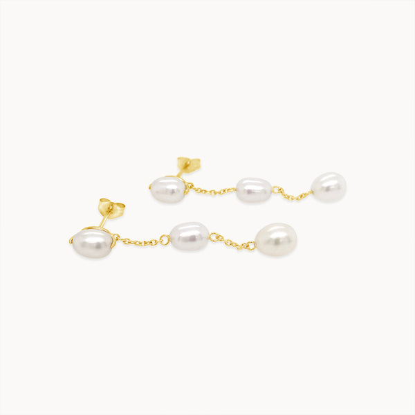 Pearl Chain Drop Earrings - Yellow Gold