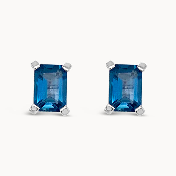 Blue Topaz Emerald Cut Studs - White Gold