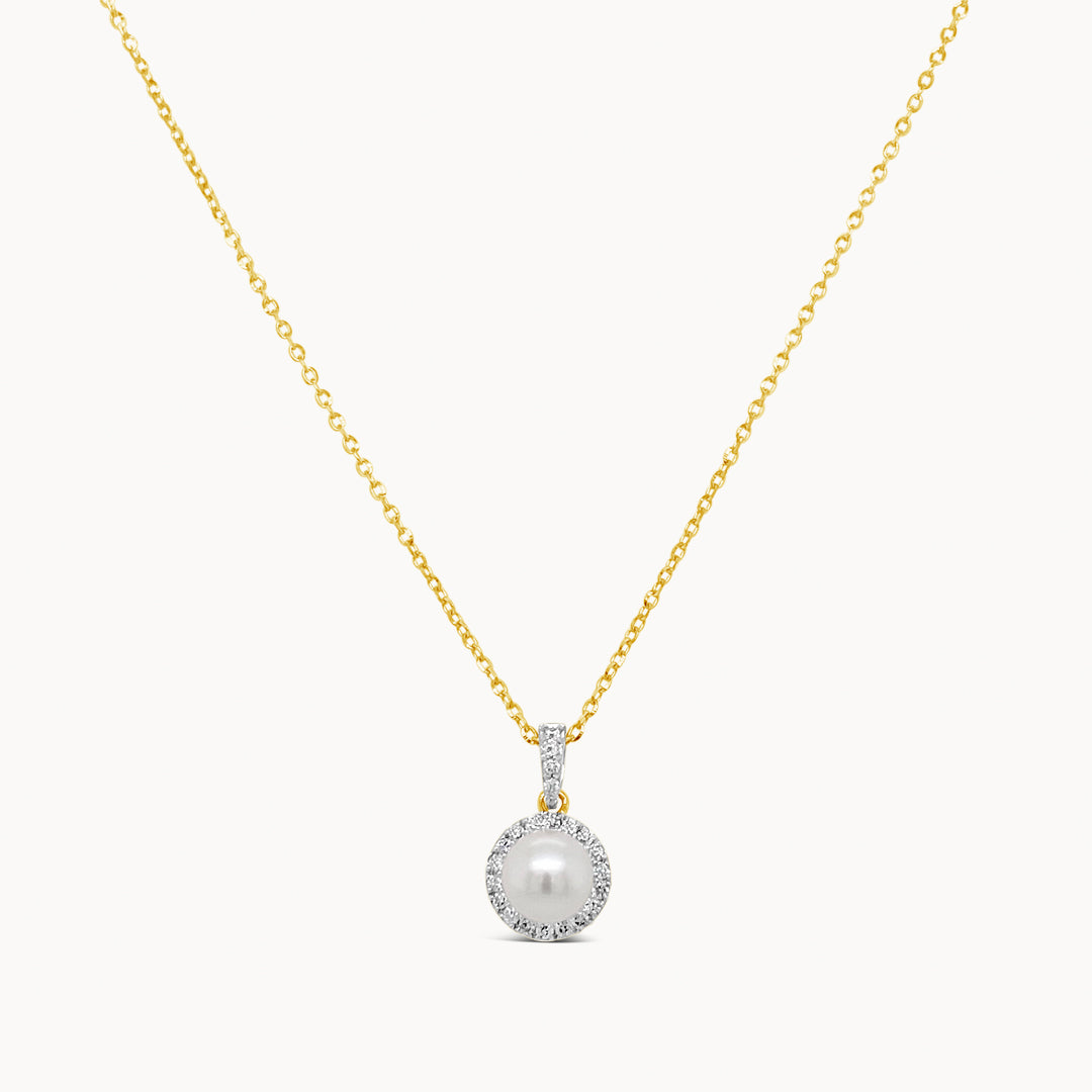 Pearl Diamond Halo Necklace - Yellow Gold