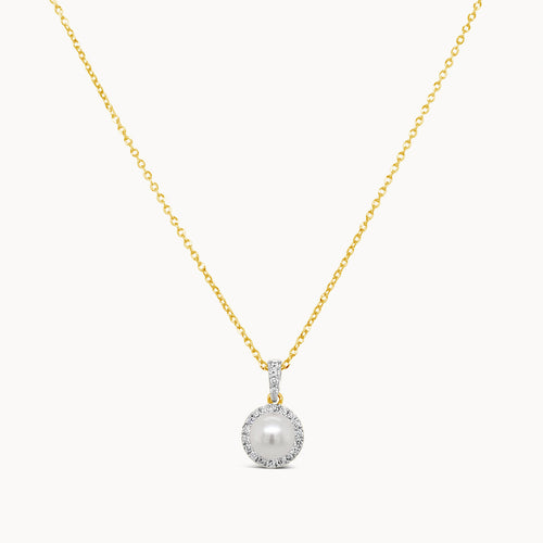 Pearl Diamond Halo Necklace - Yellow Gold