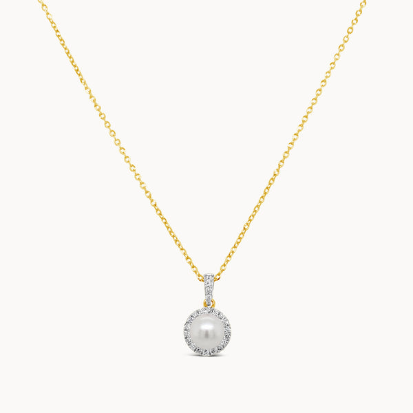 Pearl Diamond Halo Necklace - Yellow Gold