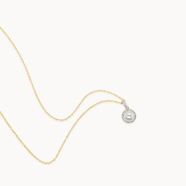 Pearl Diamond Halo Necklace - Yellow Gold