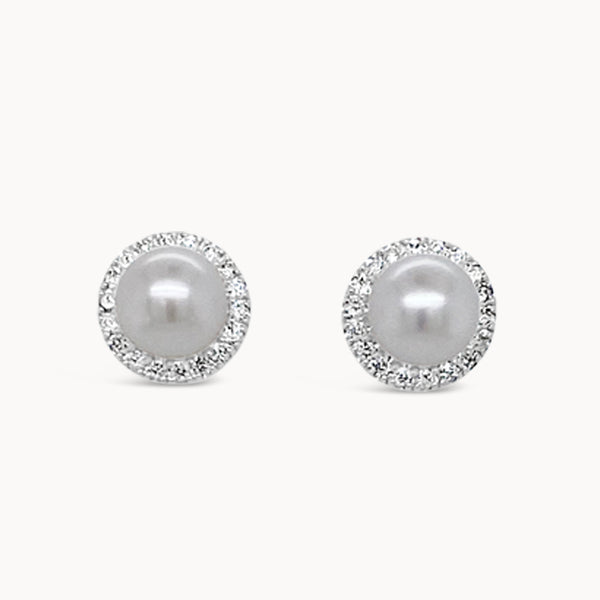 Pearl Diamond Halo Studs - White Gold