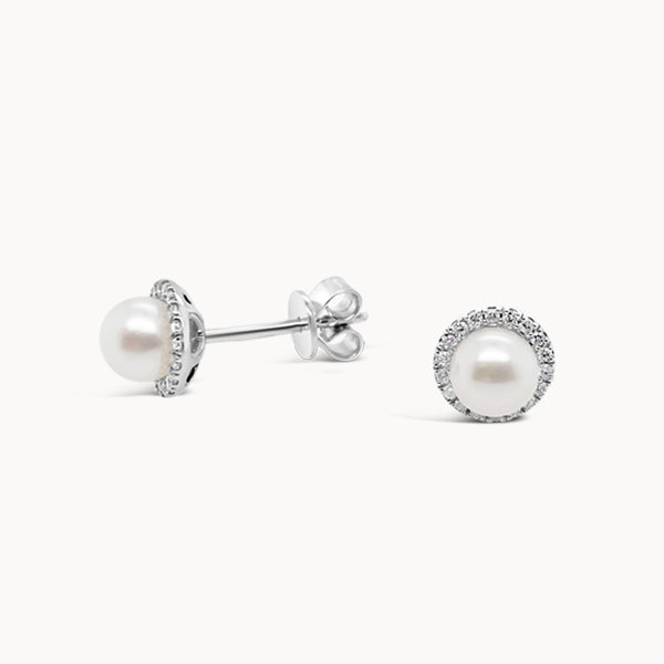 Pearl Diamond Halo Studs - White Gold