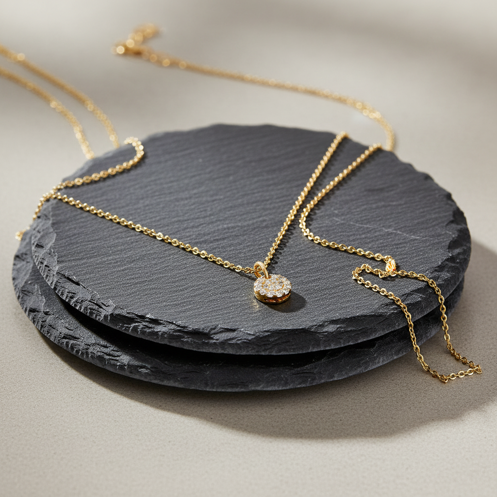 Diamond Disk Necklace on marble coasters