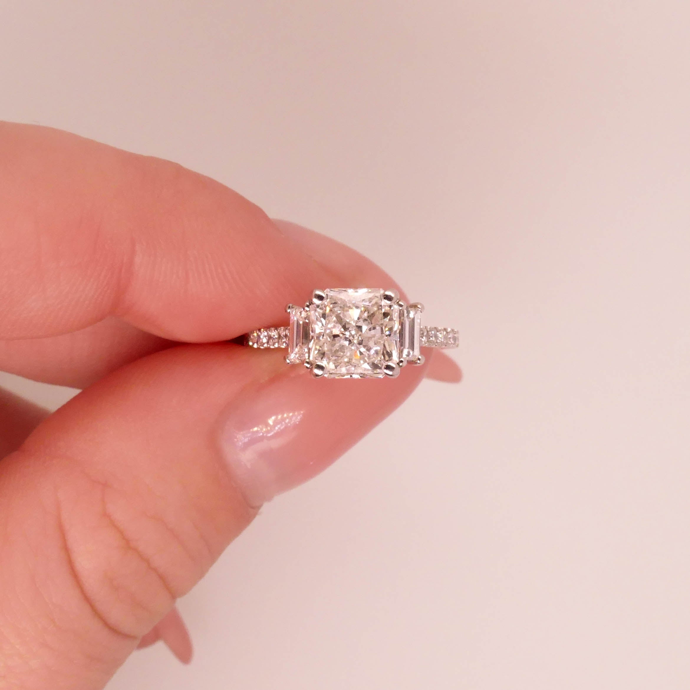 Radiant and Baguette Diamond Trilogy Engagement Ring